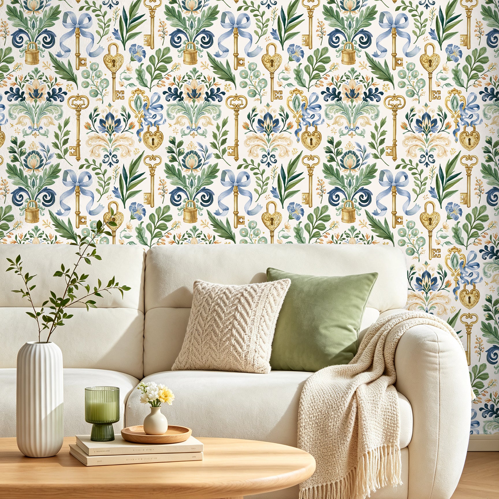 Haokhome antique key floral removable wallpaper for powder room bathroom renovation