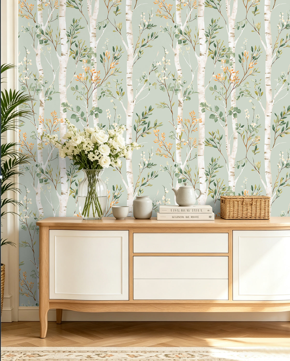 Haokhome birch tree peel and stick wallpaper, soft sage green entryway full wall decor