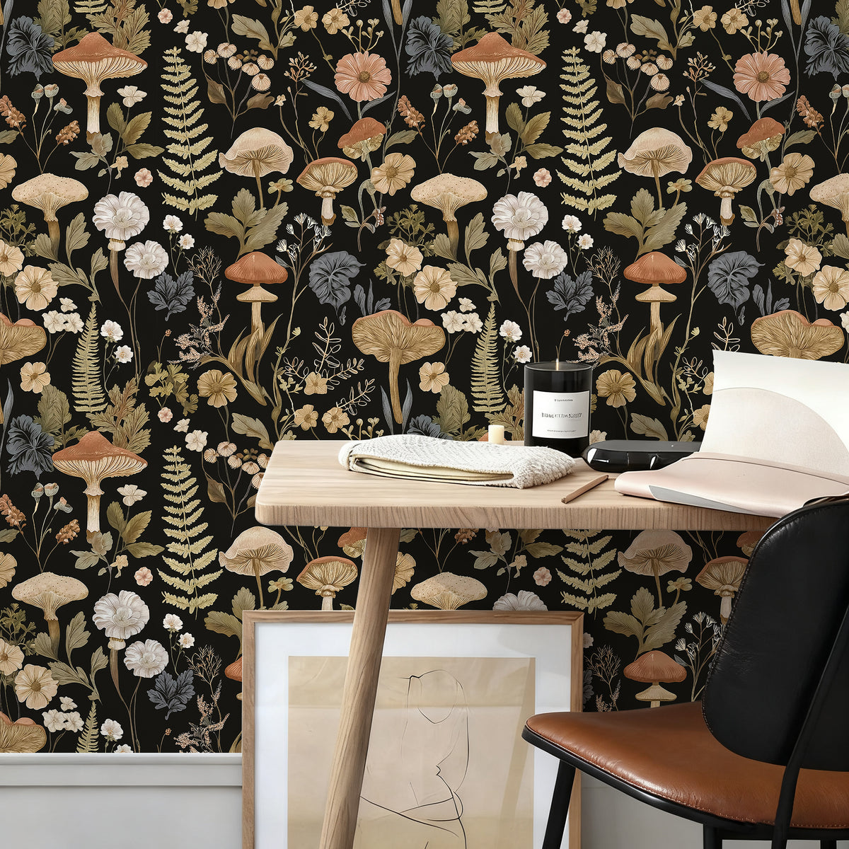 Haokhome black mushroom fern removable wallpaper, home office accent wall dark woodland decor