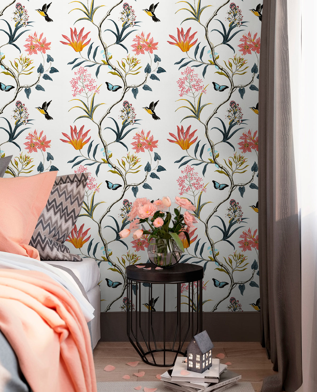 Haokhome cream background hand-sketched floral peel and stick wallpaper, soft pastel blooms, warm cozy bedroom feature wall