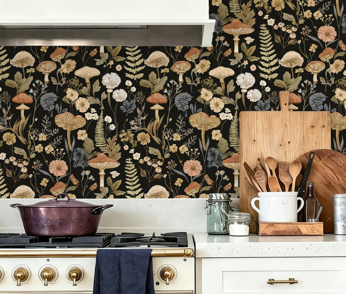 Haokhome dark botanical mushroom self adhesive wallpaper, kitchen accent wall styling