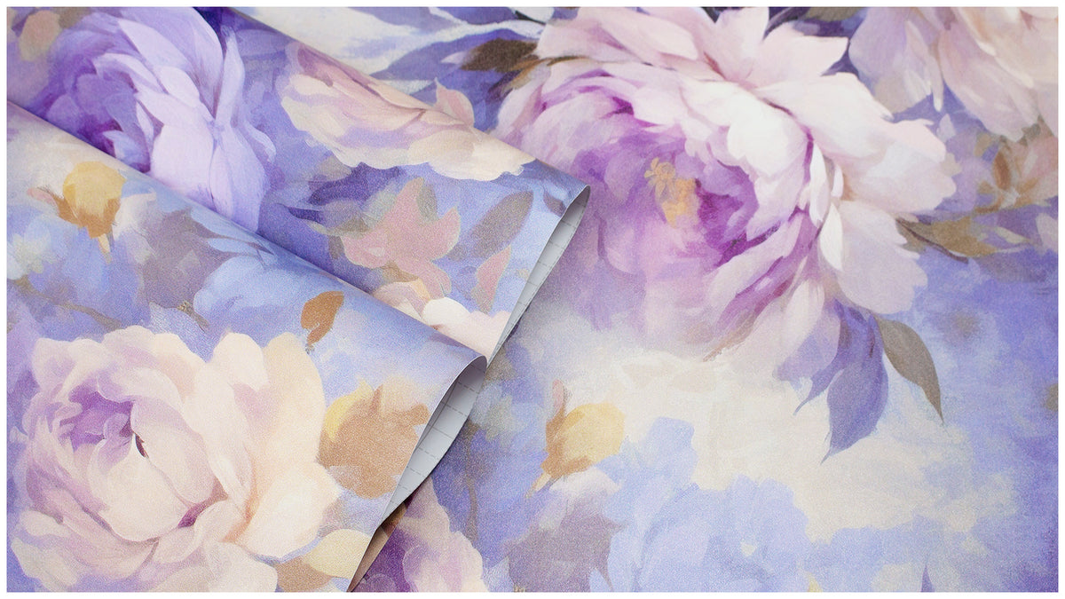 Haokhome floral peel and stick wallpaper roll, soft lavender peony pattern flat lay