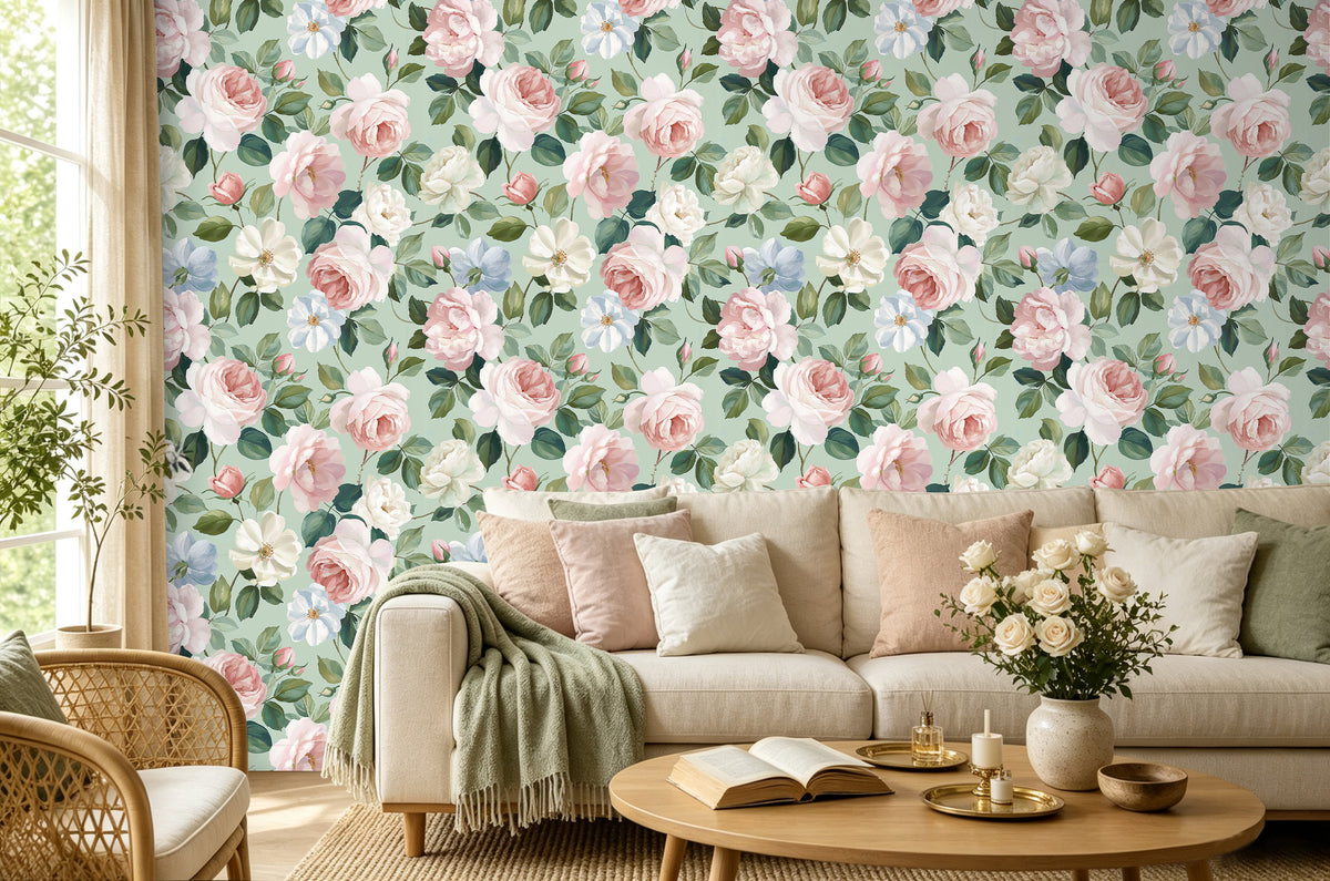 Haokhome large watercolor rose removable wallpaper, cozy cottage living room full wall