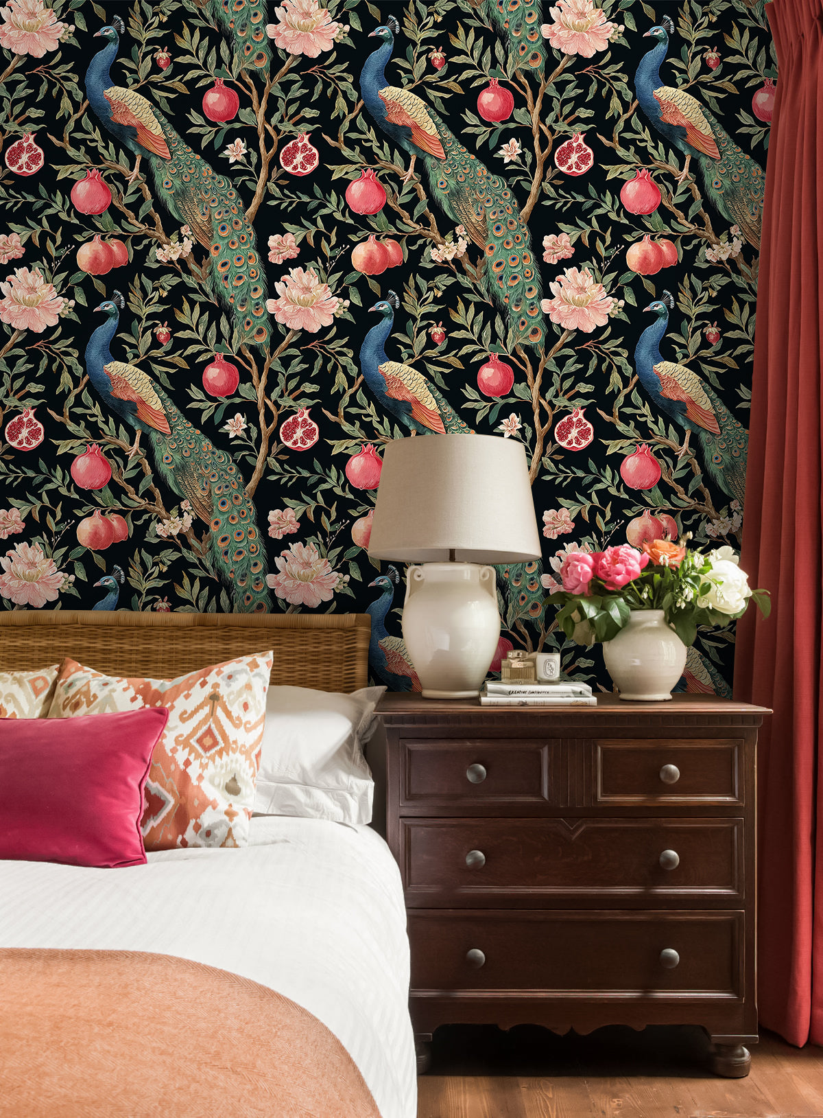 Haokhome peacock floral self adhesive wallpaper, vintage bedroom feature wall decor