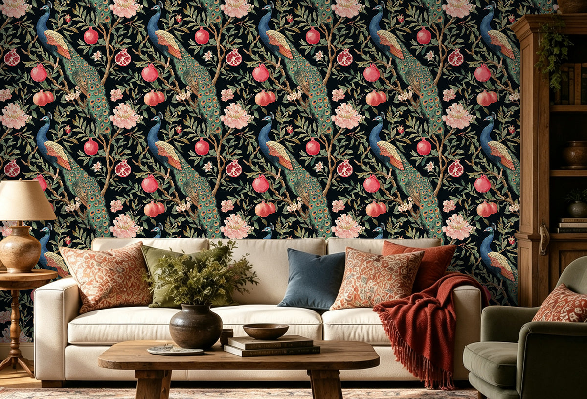 Haokhome peacock pomegranate peel and stick wallpaper, dark vintage cottage living room full wall decor