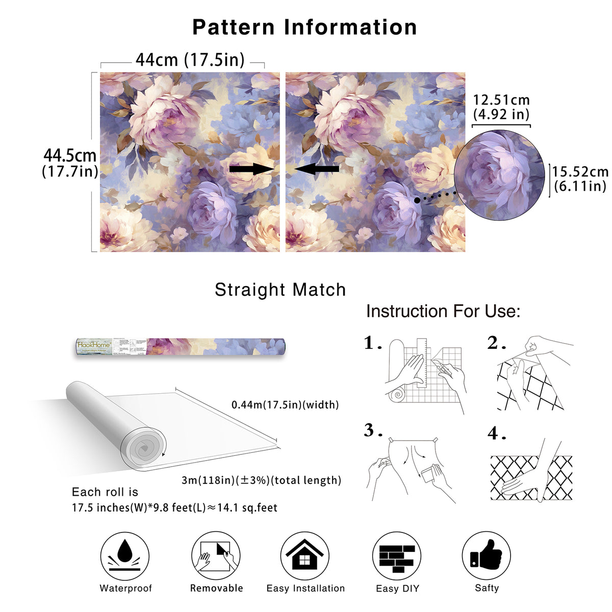 Haokhome purple peony wallpaper specification chart, pattern match and installation guide