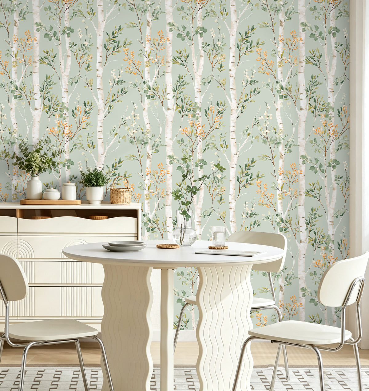 Haokhome sage green birch tree self adhesive wallpaper, bright dining room wall decor