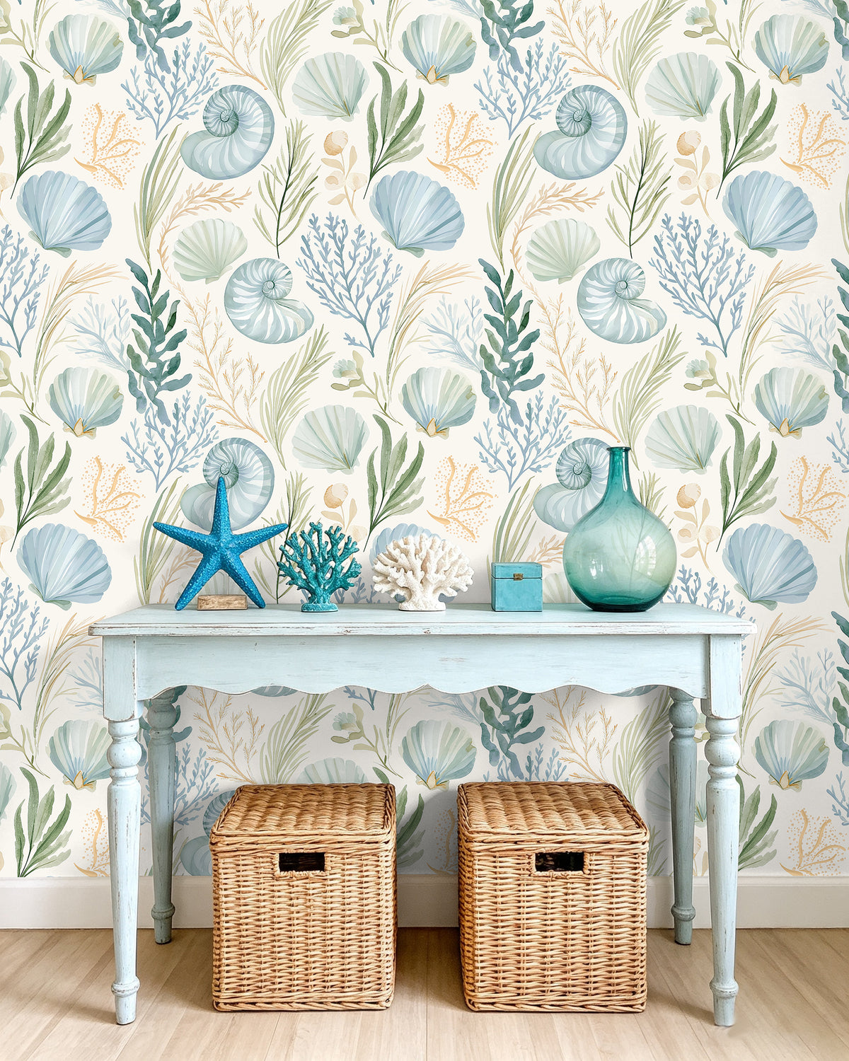 Haokhome seashell removable wallpaper decorating entryway accent wall
