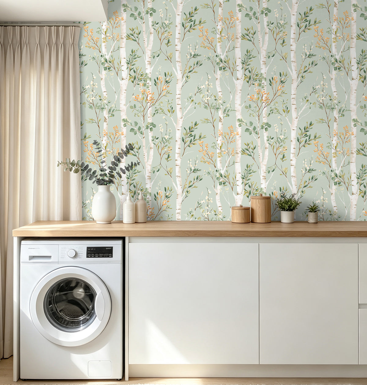 Haokhome soft green birch tree removable wallpaper, laundry room accent wall styling