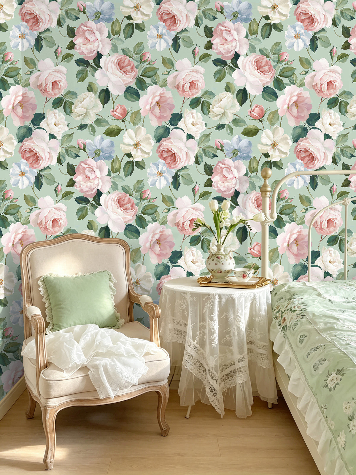 Haokhome soft green pink rose peel and stick wallpaper, romantic cottage bedroom wall decor