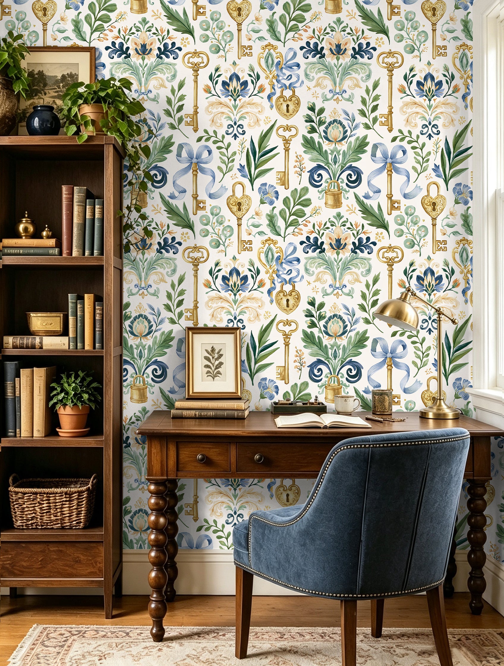 Haokhome vintage key floral peel and stick wallpaper for classic home office study room
