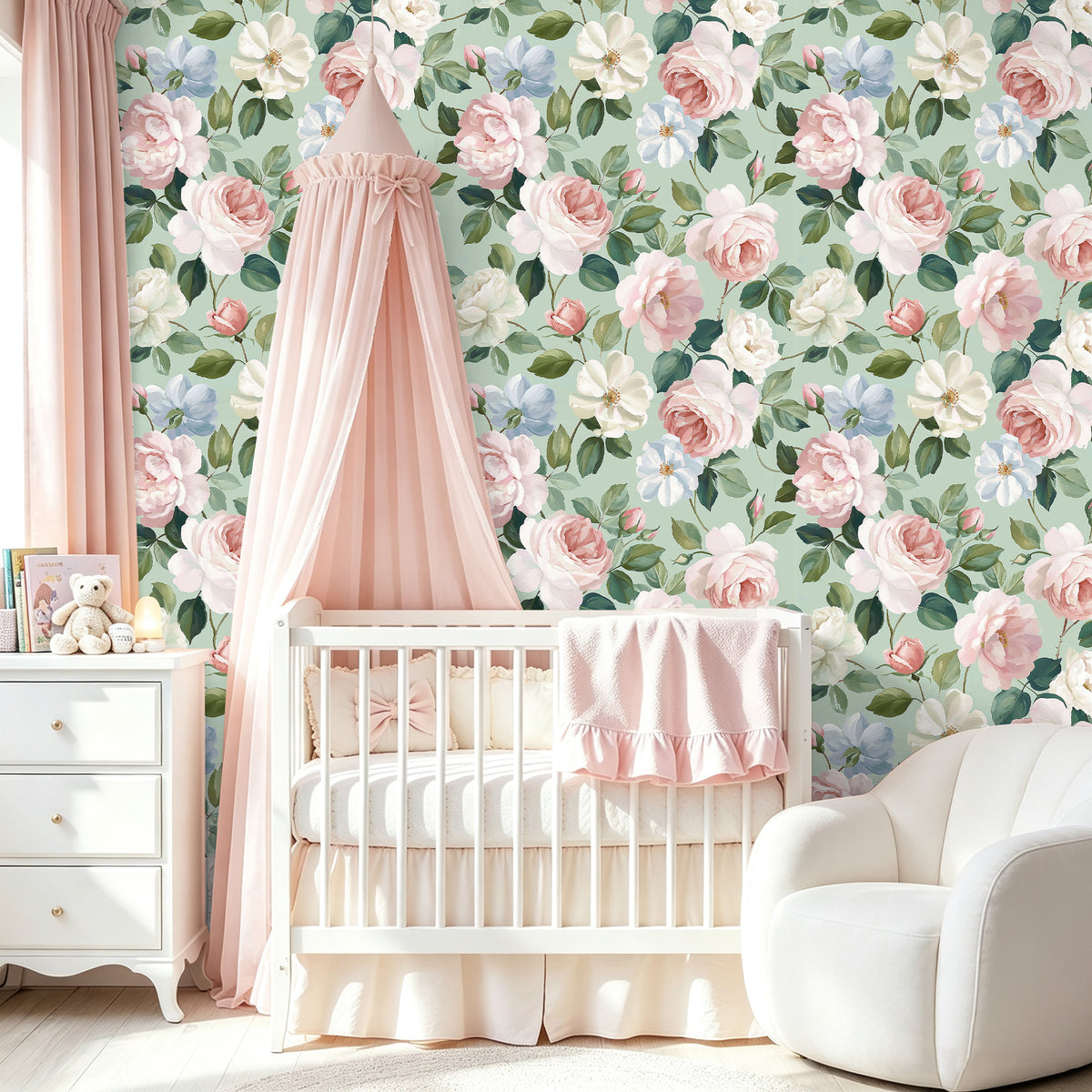 Haokhome watercolor floral removable wallpaper, sweet nursery accent wall decor
