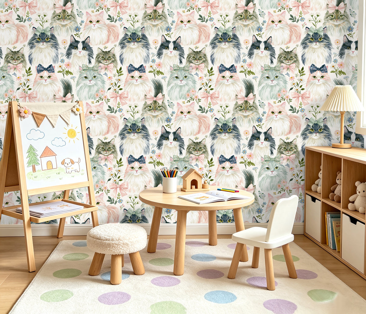 Haokhome whimsical cat self‑adhesive wallpaper for kids playroom art nook