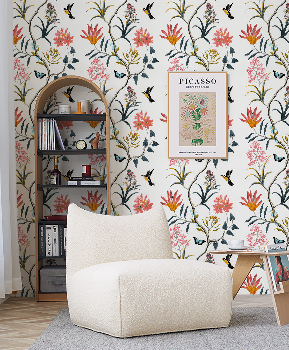 Haokhome white folk art peel and stick wallpaper, wildflower and bird motif, airy bohemian reading nook wall decor