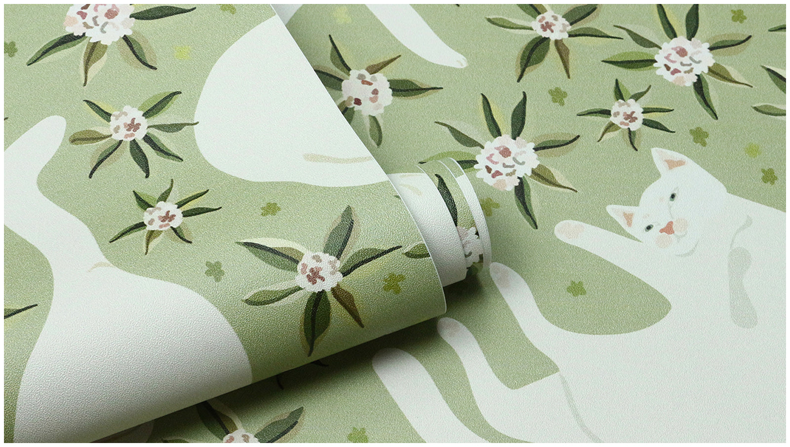 HaokHome Gentle White Cat Floral Removable Self‑Adhesive Wall Covering, Soft Sage Green Botanical Peel and Stick Wallpaper