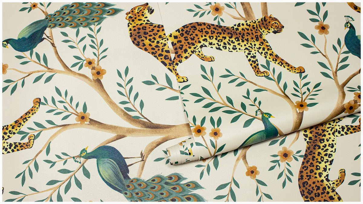 Haokhome Vintage Jungle Leopard Peacock Removable Self-Adhesive Wallpaper, Cream Background Tropical Tree Wall Mural