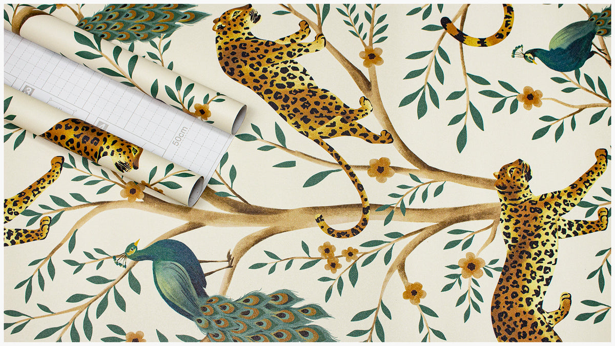 Haokhome Vintage Jungle Leopard Peacock Removable Self-Adhesive Wallpaper, Cream Background Tropical Tree Wall Mural