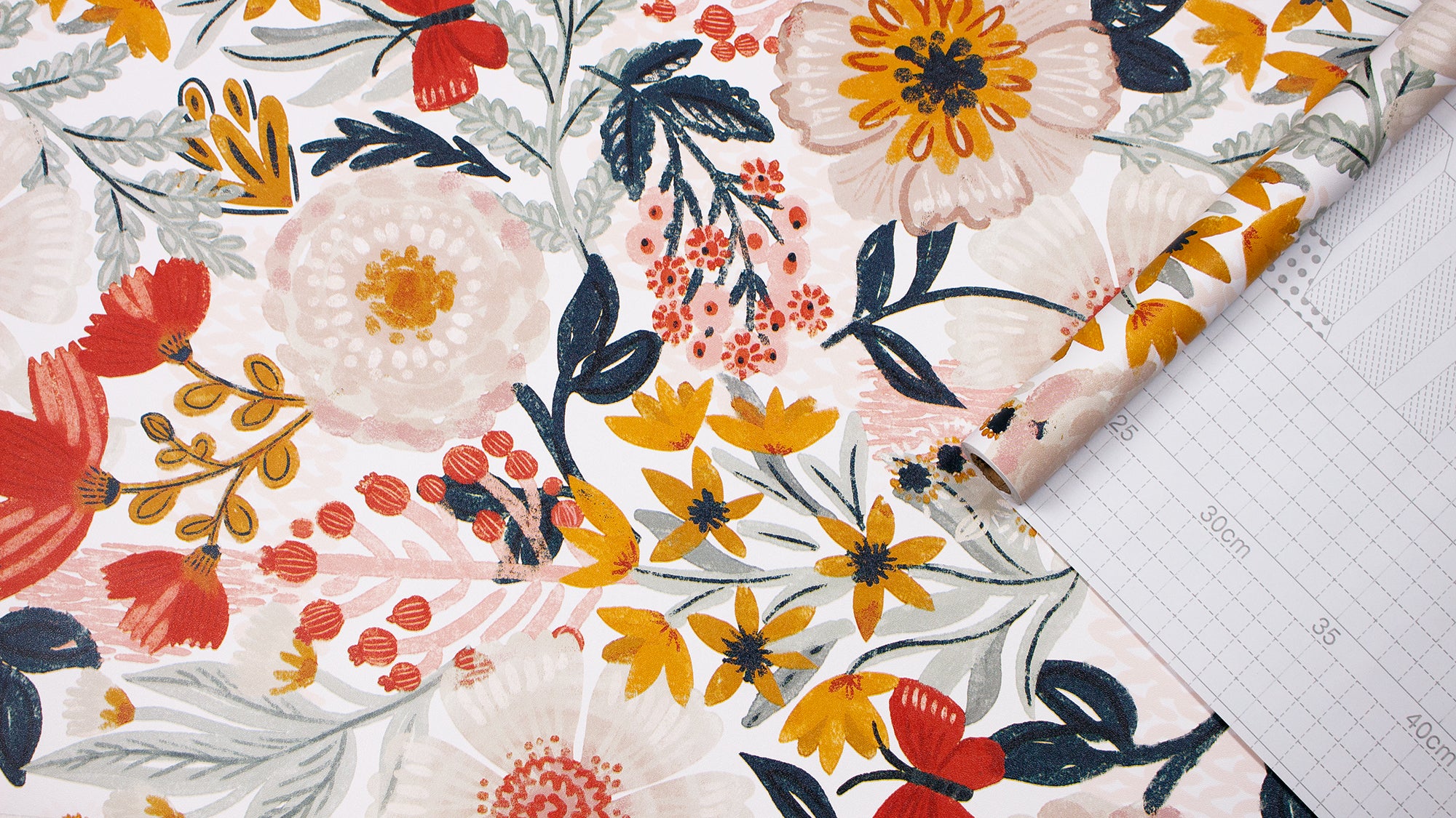 HaokHome Wallpaper Peel and Stick Wildflower White/Orange/Yellow Floral with Butterflies Removable Mural