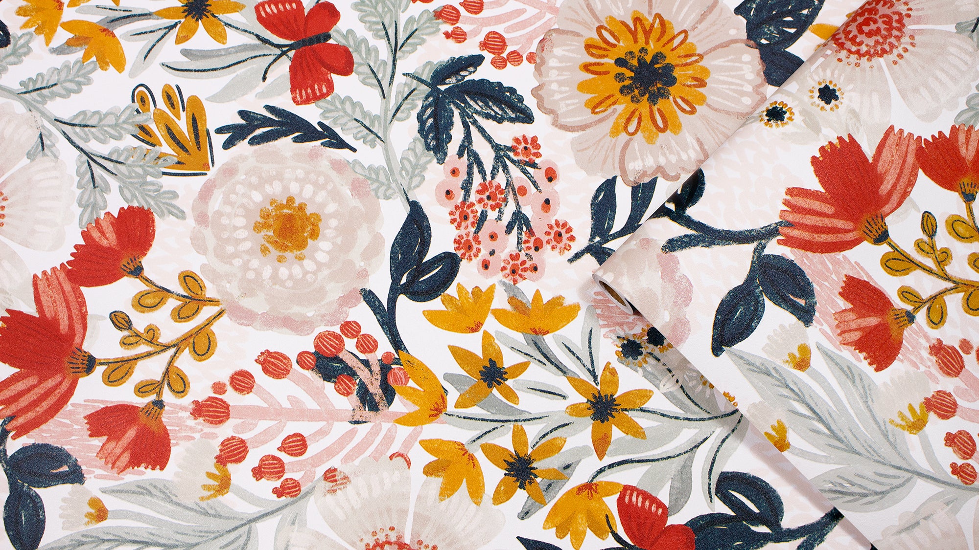 HaokHome Wallpaper Peel and Stick Wildflower White/Orange/Yellow Floral with Butterflies Removable Mural