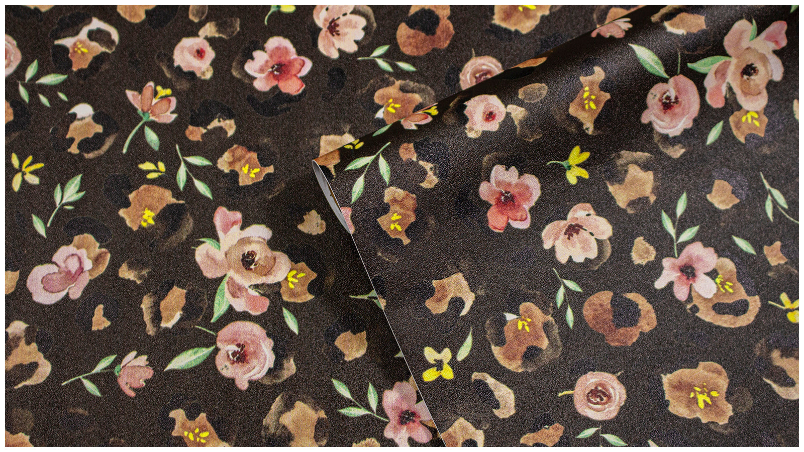 HaokHome Watercolor Leopard Floral Peel and Stick Wallpaper – Pink Flowers on Dark Brown Background