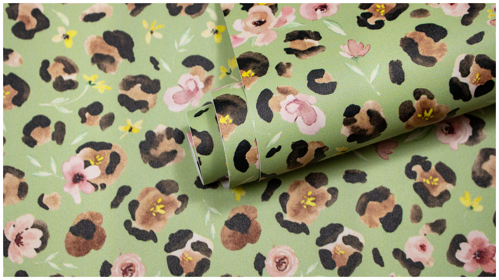 HaokHome Watercolor Leopard Floral Peel and Stick Wallpaper – Pink Flowers on Sage Green Background