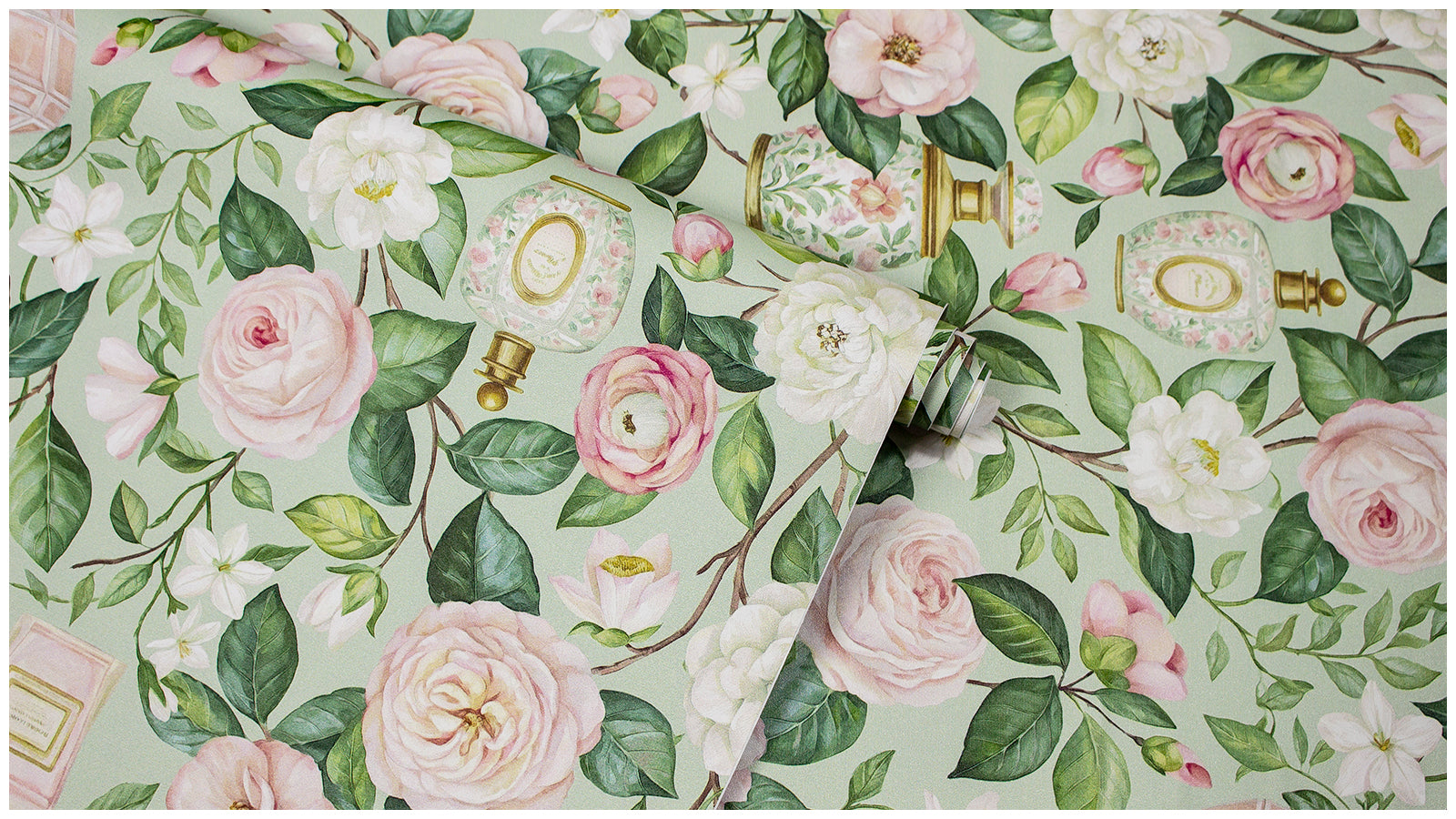 Haokhome Vintage Perfume Bottle Rose Camellia Peel and Stick Wallpaper, Soft French Floral Wall Decor