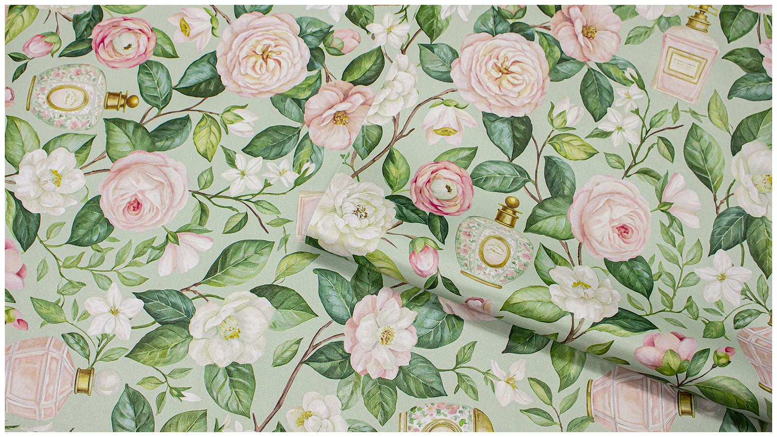 Haokhome Vintage Perfume Bottle Rose Camellia Peel and Stick Wallpaper, Soft French Floral Wall Decor
