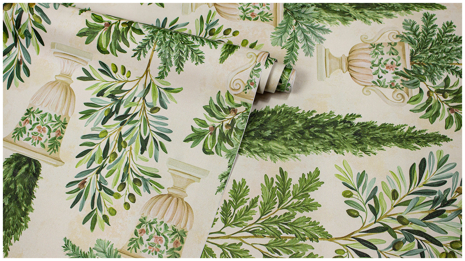 Haokhome Mediterranean Potted Cypress Olive Peel and Stick Wallpaper, Classical Garden Urn Wall Decor