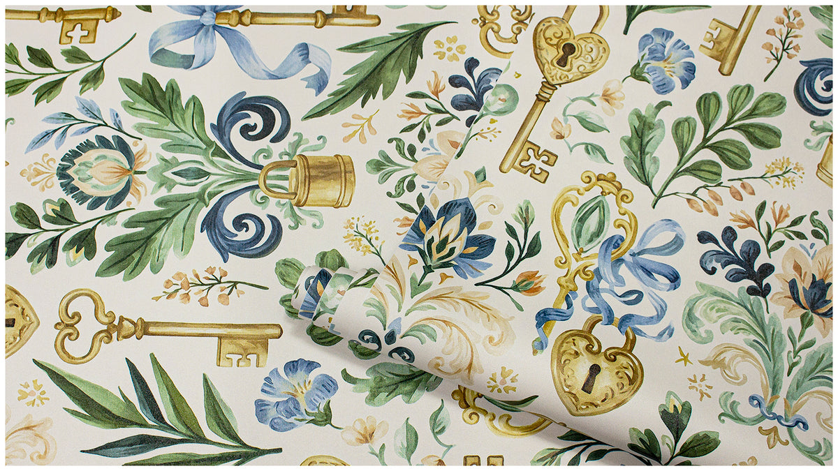 Haokhome Vintage Key Lock Floral Removable Self‑Adhesive Wall Covering, Antique Rococo Ornament Wallpaper
