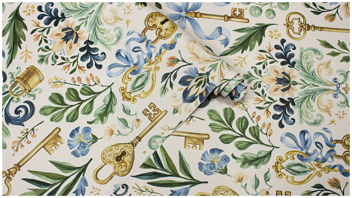 Haokhome Vintage Key Lock Floral Removable Self‑Adhesive Wall Covering, Antique Rococo Ornament Wallpaper