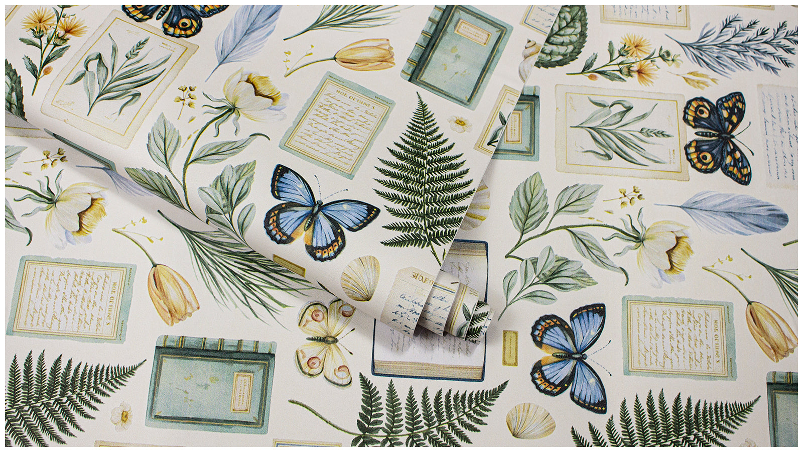 Haokhome Vintage Botanical Ephemera Peel and Stick Wallpaper, Butterfly Old Book Manuscript Wall Mural