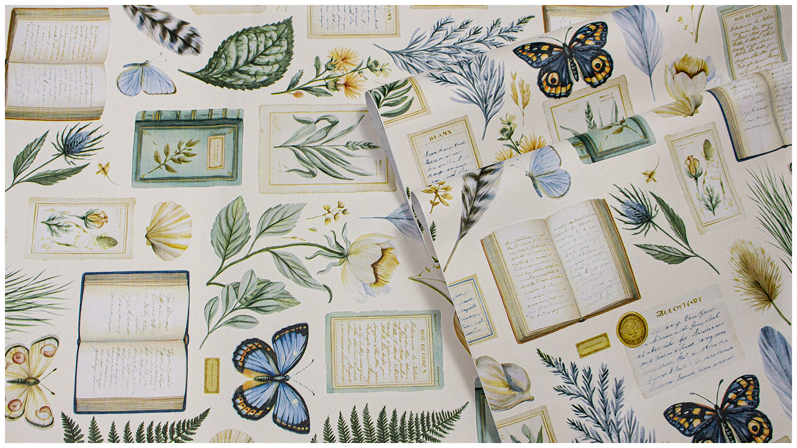 Haokhome Vintage Botanical Ephemera Peel and Stick Wallpaper, Butterfly Old Book Manuscript Wall Mural
