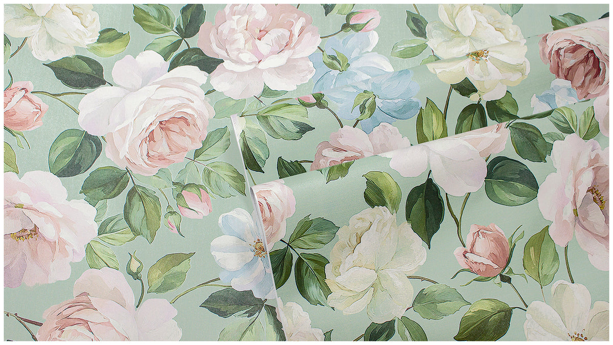 Haokhome Watercolor Large Rose Peel and Stick Wallpaper, Sage Green Floral Wall Covering