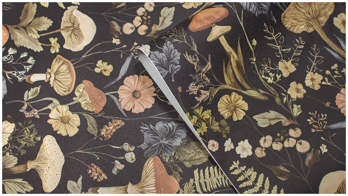 Haokhome Vintage Mushroom Fern Floral Peel and Stick Wallpaper, Black Dark Botanical Wall Covering