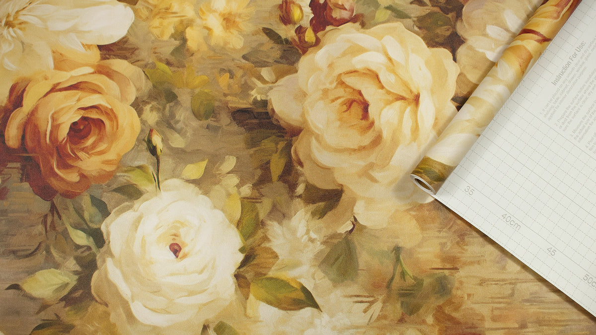 HaokHome Wallpaper Peel and Stick Rose Floral Watercolor Wall Decor in Cream, Beige & Orange Removable Mural