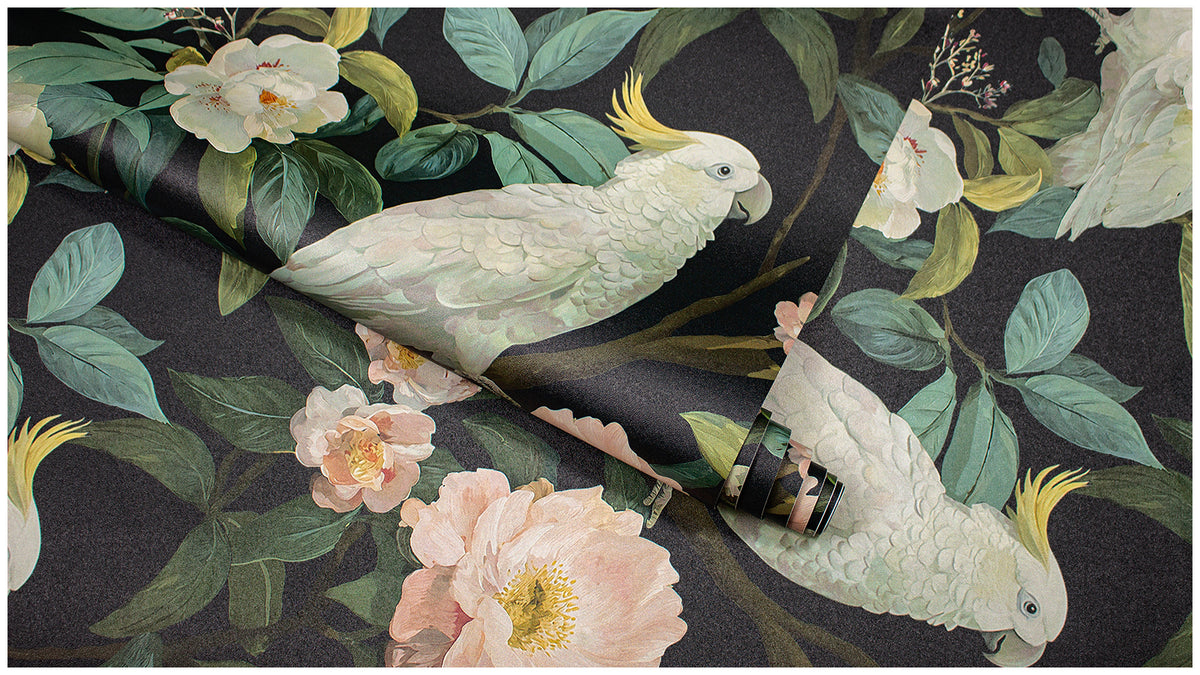 Haokhome Grandmillennial Peel and Stick Wallpaper, White Cockatoo & Camellia Dark Floral Mural
