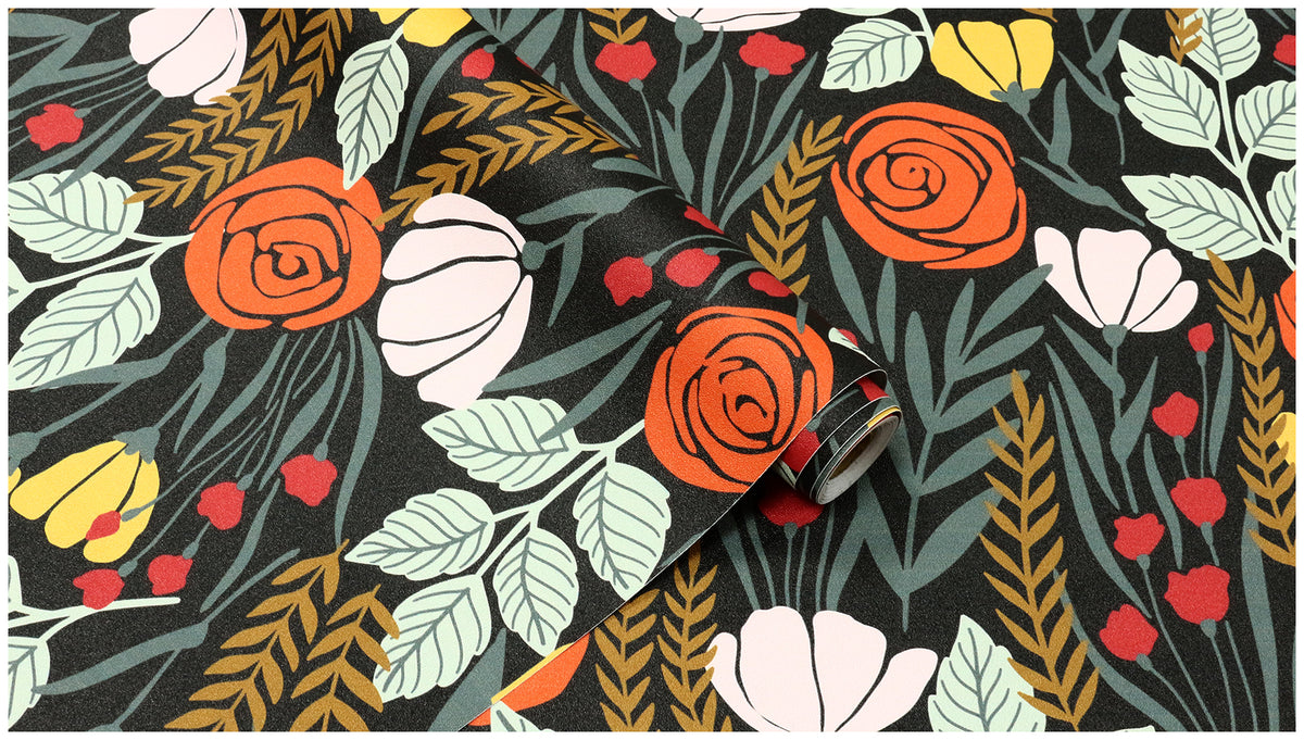 Haokhome Moody Black Background Autumn Floral Removable Self‑Adhesive Wall Covering, Bold Retro Wildflower Wallpaper