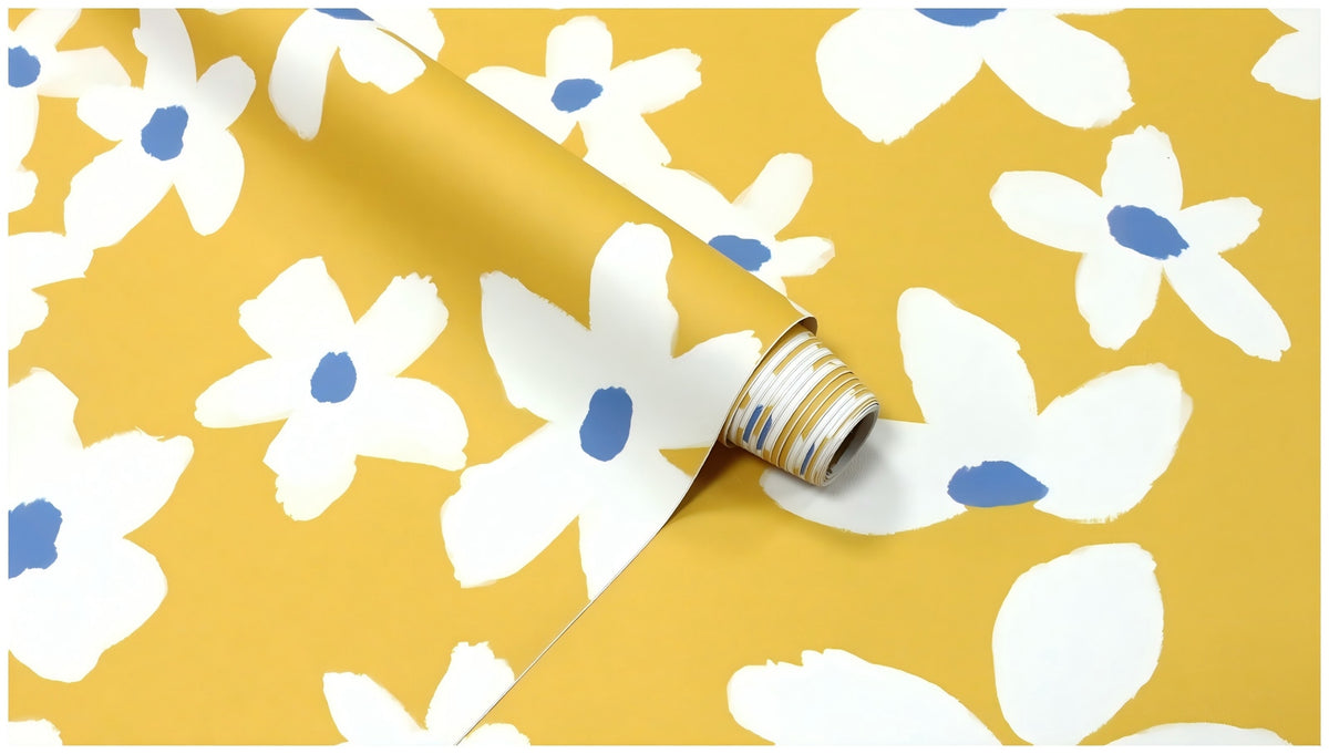 Mustard Daisy Floral Wall Mural – Retro Cottage Wallpaper