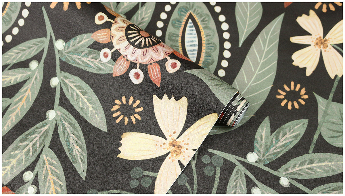 Haokhome Dark Boho Floral Peel and Stick Wallpaper, Black Background Bohemian Wildflower Wall Covering