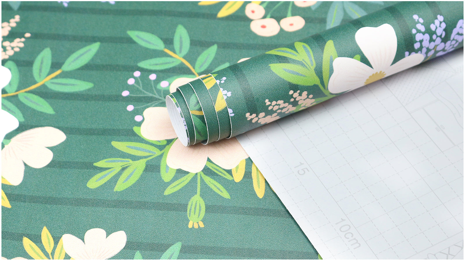 Dark Green Striped Floral Wallpaper – Soft Pastel Bouquet Print