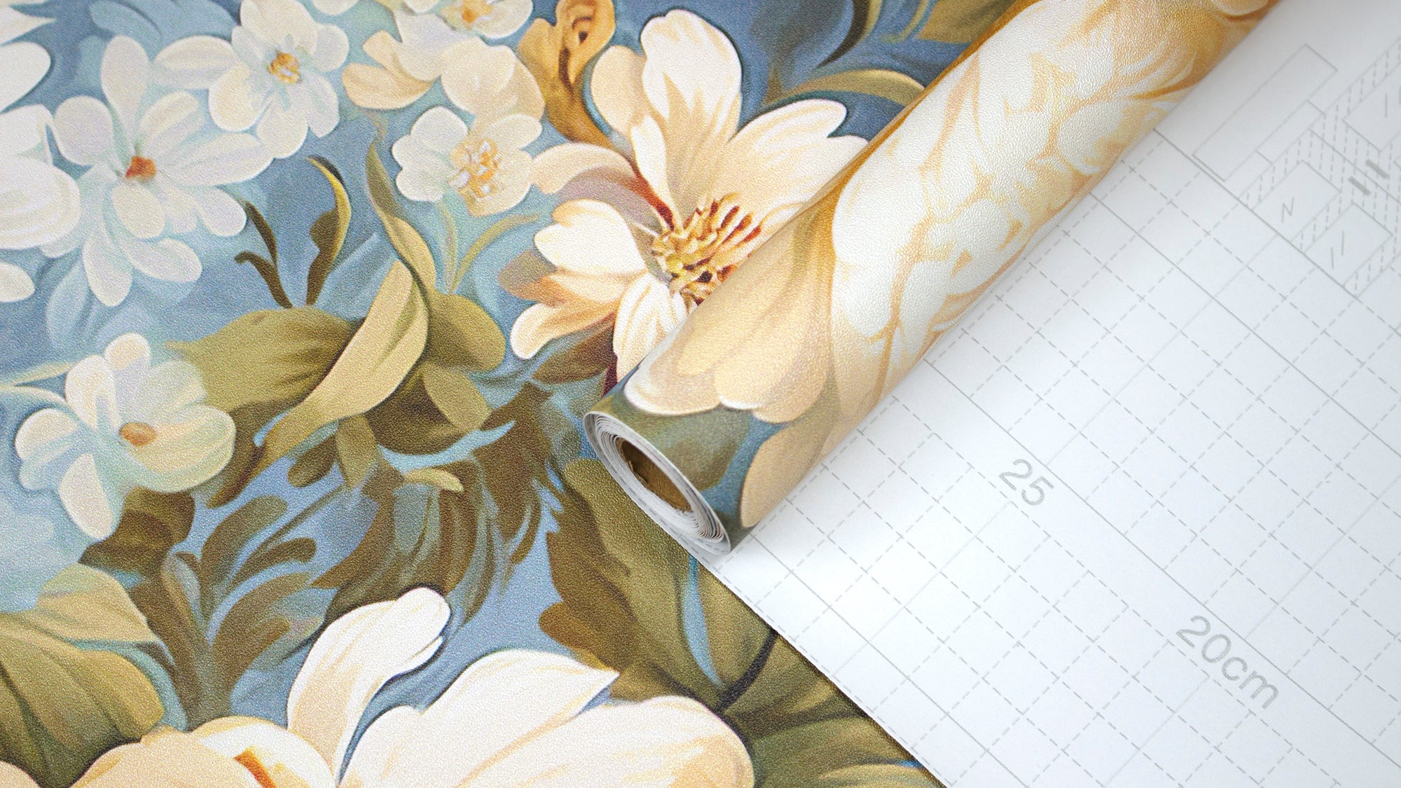 HaokHome Wallpaper Peel and Stick Floral Vintage Blue/Gold/White Classic Wall Decor Living Room Removable Mural
