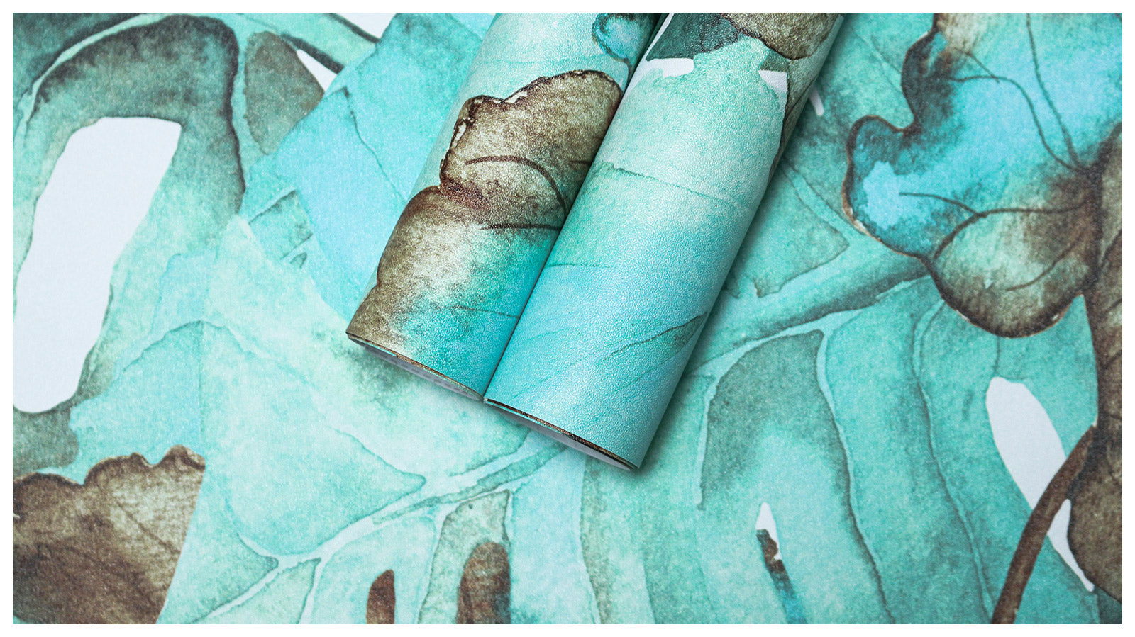 HaokHome Teal Turquoise Sepia Brown Watercolor Monstera Palm Removable Wall Covering