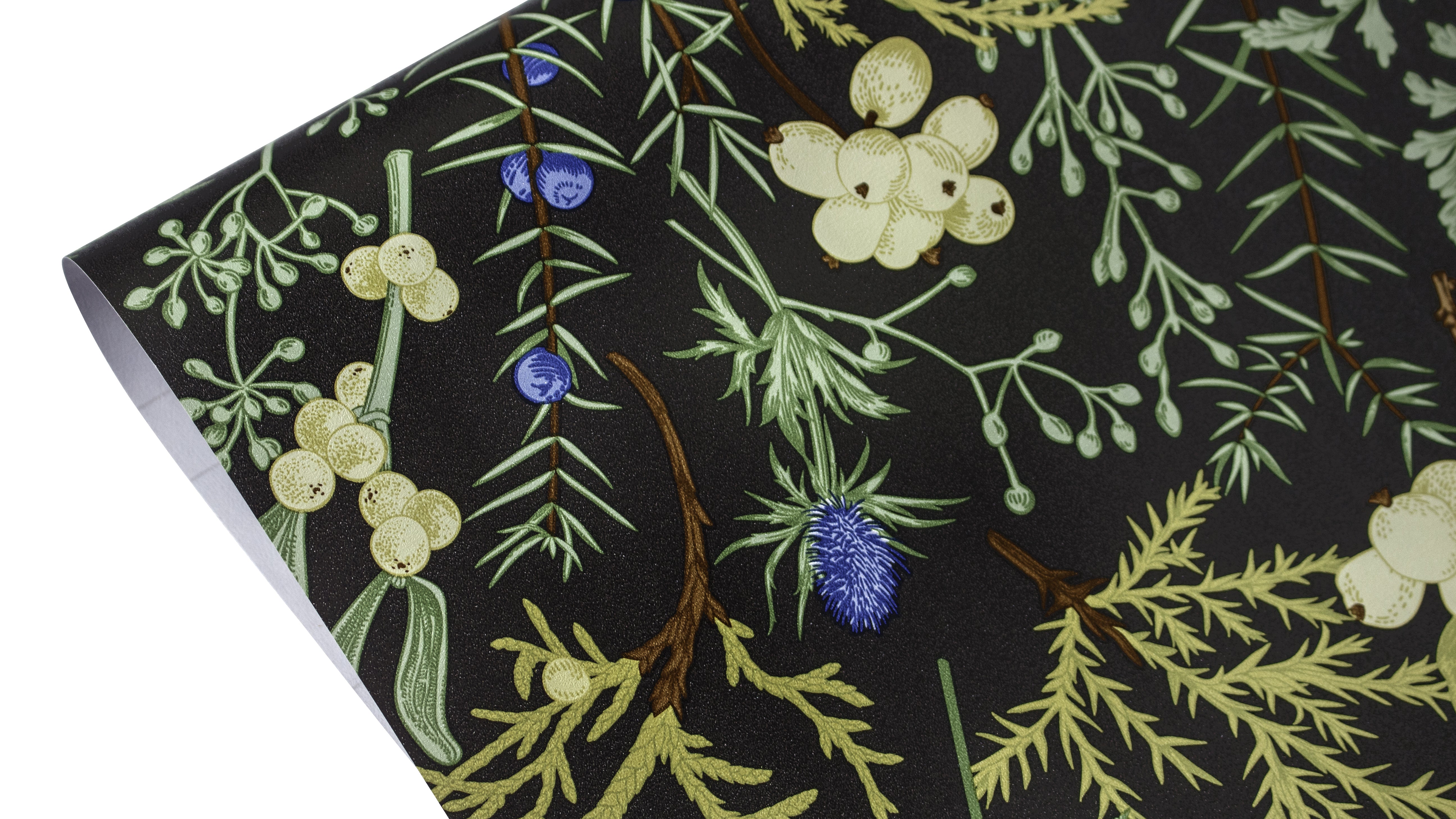 Dark Winter Botanical Wallpaper – Vintage Pine Cone Fern Wild Berry Print