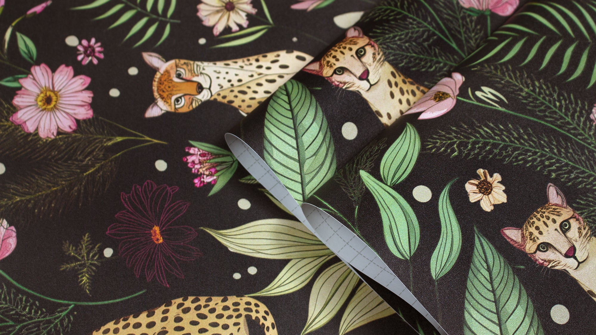 HaokHome Elegant Leopard and Floral Wallpaper Black Background with Vibrant Botanical Design