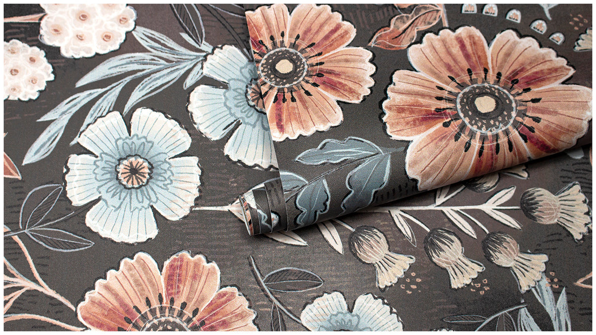 Haokhome Moody Dark Vintage Floral Peel and Stick Wallpaper, Watercolor Rust Flower Wall Covering
