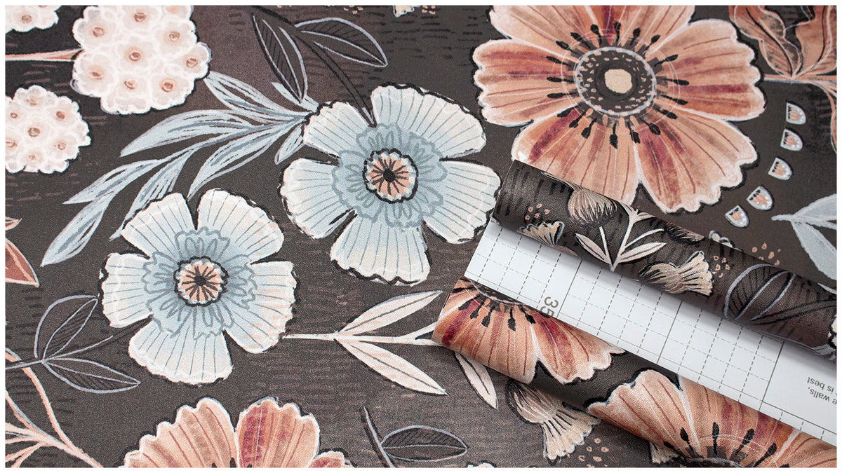 Haokhome Moody Dark Vintage Floral Peel and Stick Wallpaper, Watercolor Rust Flower Wall Covering