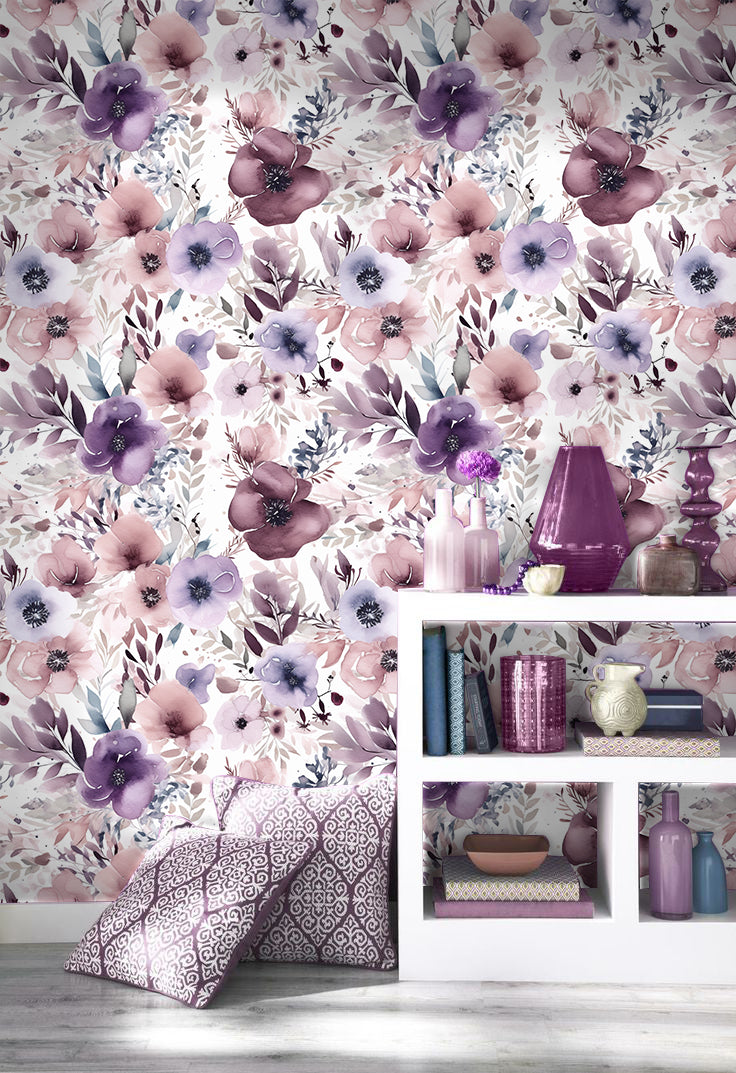 HaokHome 93349 Mauve/Purple Floral Peel and Stick Wallpaper Removable Wall Paper Vinyl Stick on Wall Contact Paper