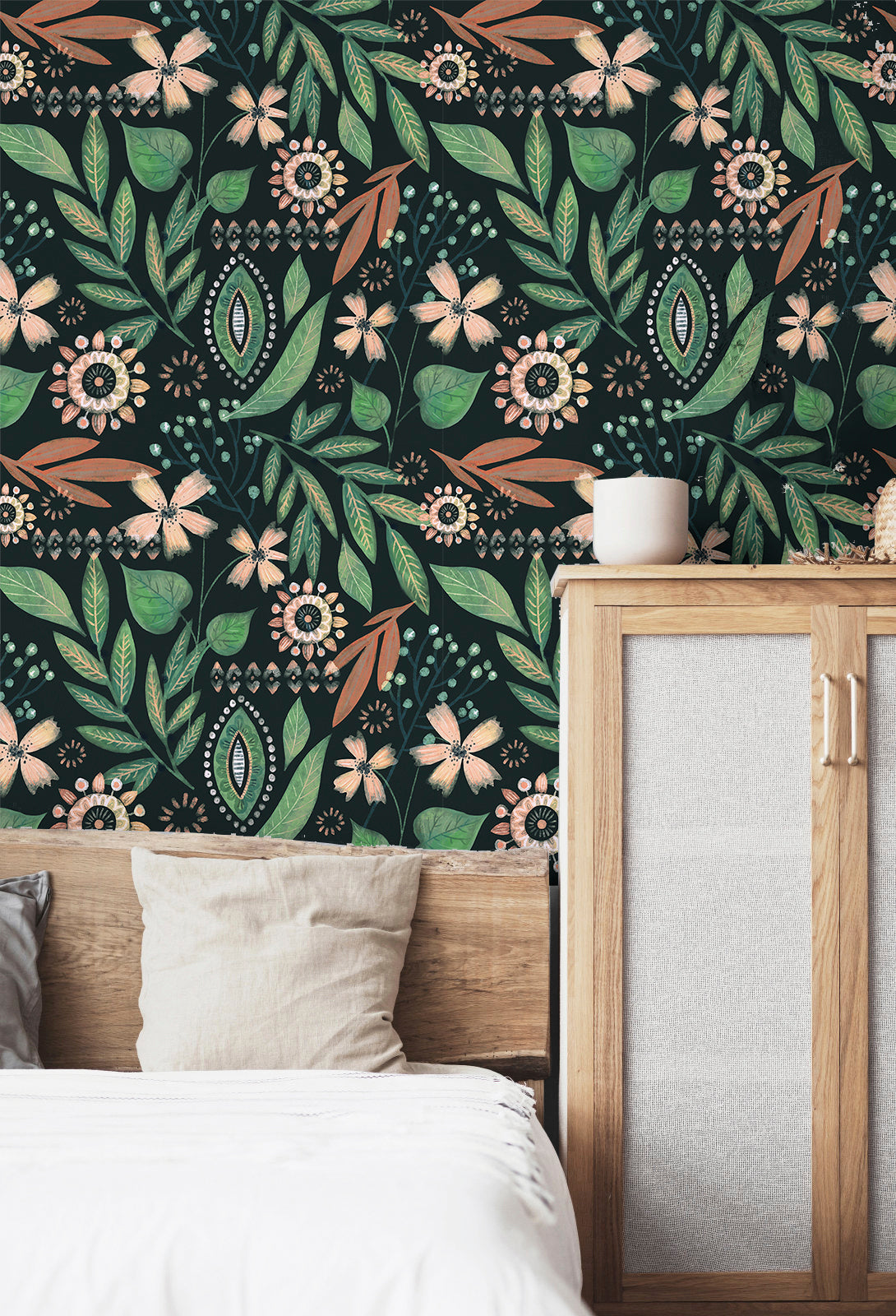 Moody green floral removable wallpaper for bedroom accent wall, cozy boho bedroom decor