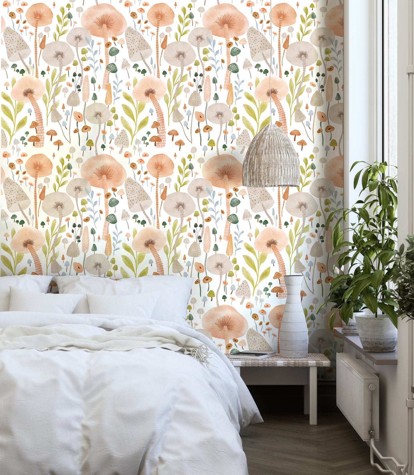 HAOKHOME 93393-1 Mushroom Wallpaper Peel & Stick Wall Paper Forest Peach Fuzz/White/Soft Green Removable Stick on Contact Paper for Kitchen