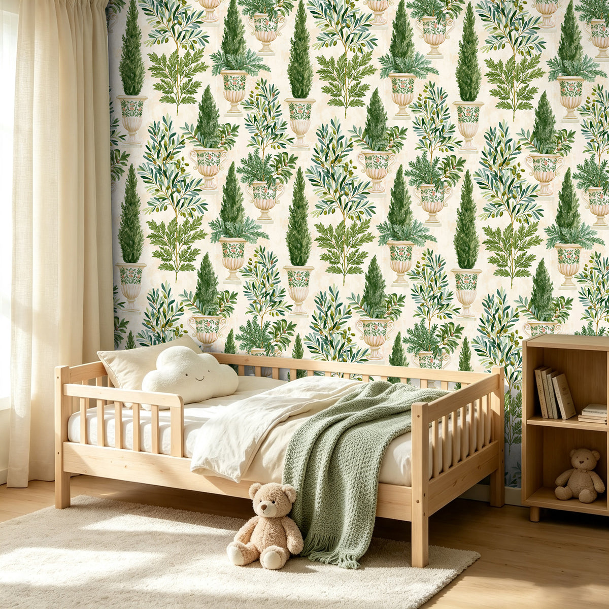 Muted green potted‑tree peel‑and‑stick wallpaper for calm kids / nursery bedroom